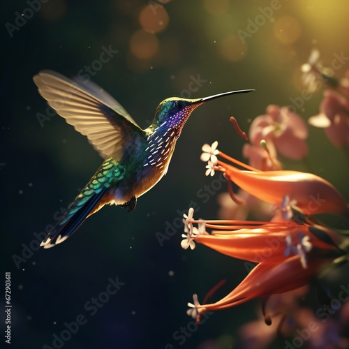 Close-up of a hummingbird pollinating a flower © Nelia.art