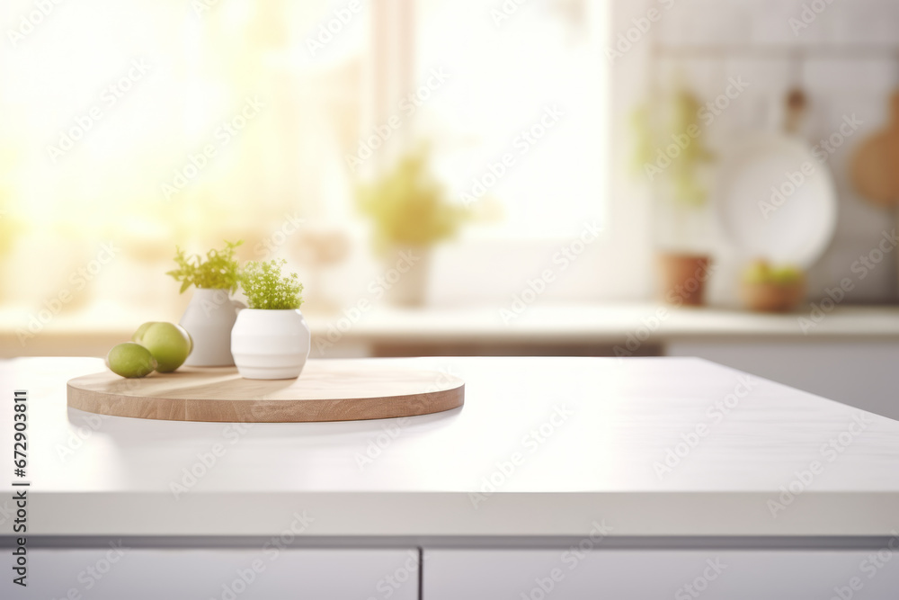 A beautiful empty rustic white table in the kitchen is decorated with plants, and a refreshing, soft light from the window frame surrounds the white interior. Concept for a simple lifestyle A beautiful empty rustic white table in the kitchen is decorated with plants, and a refreshing, soft light from the window frame surrounds the white interior. Concept for a simple lifestyle