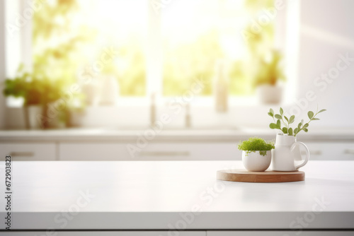 A beautiful empty rustic white table in the kitchen is decorated with plants, and a refreshing, soft light from the window frame surrounds the white interior. Concept for a simple lifestyle