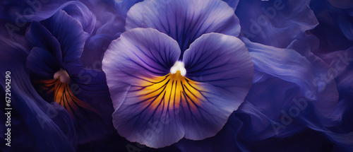 Detailed macro of pansy petal patterns and hues. © smth.design