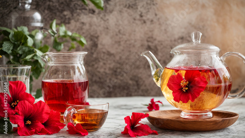 Tea in a glass cup, hibiscus flower