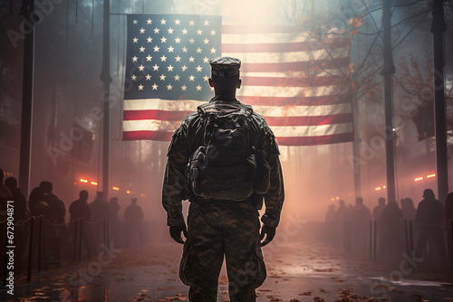 soldier in military uniform standing with the back to the camera  with the usa flag in the background photo