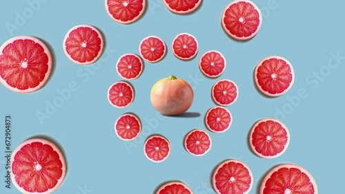 Stop motion Cut and whole Grapefruit appear and disappear on pastel background. High quality video 4K. Detailed stop motion video. Background or wallpaper in food and drinks videos.