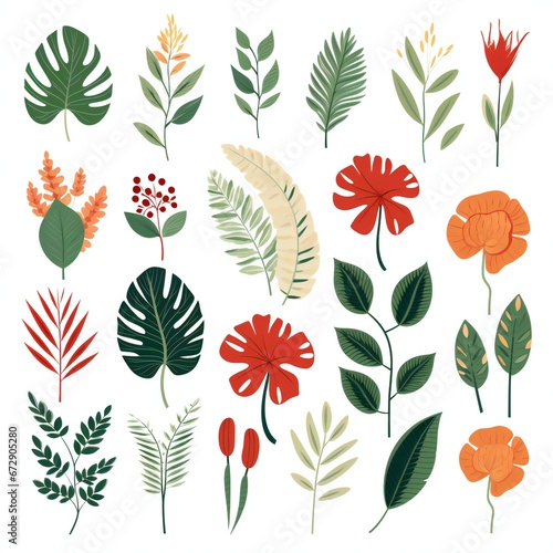 Flowers set graphic elements in flat design, tropical leaves flowers themed clipart, monstera