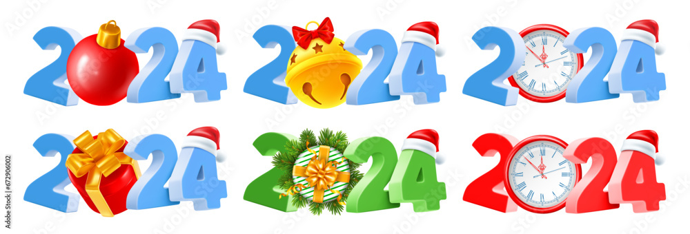 Set of new year creative designs with 3d realistic isolated numbers 2024 in blue, red and green colors, with gift, clock, fir tree toy. Santa hat slip on the number 4. Vector illustration