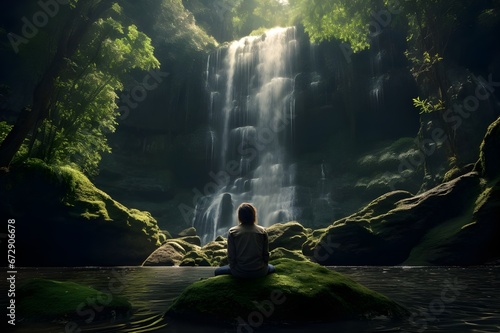 A peaceful meditation by a serene waterfall. 