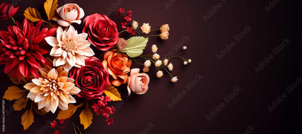 Abstract brown background with autumn flowers. Autumn and winter are time for family holidays, celebrations, festive dinners, and gifts. Thank you. Abstract brown background with autumn flowers. Autumn and winter are time for family holidays, celebrations, festive dinners, and gifts. Thank you.