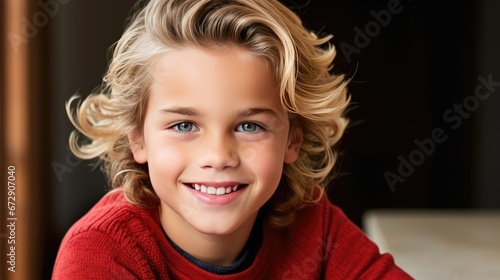 Portrait of a young, cheerful boy with blue eyes and blond hair wearing a red sweater. His mischievous smile and lively expression make him captivating and irresistible.