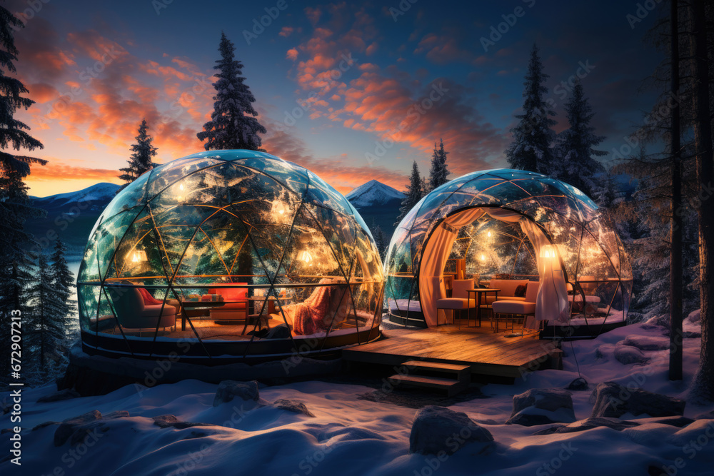 Winter holiday in a luxury modern glass igloo hotel with beautiful view on mountains, forest and night sky - obrazy, fototapety, plakaty 