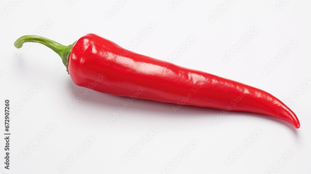 Close-up of a single fiery red chili pepper on a white background. Vibrant and healthy ingredient for spicy recipes, adding heat and flavor to cooking Close-up of a single fiery red chili pepper on a white background. Vibrant and healthy ingredient for spicy recipes, adding heat and flavor to cooking