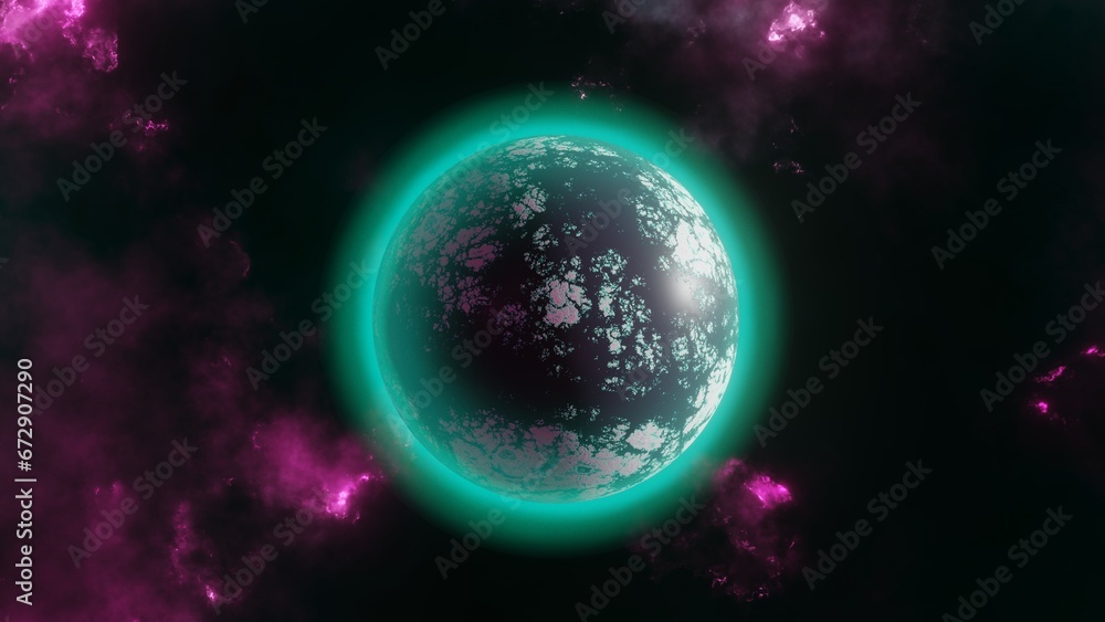 Space surreal planet futuristic view. Cosmos planet epic fantasy cracked surface with glowing atmosphere.