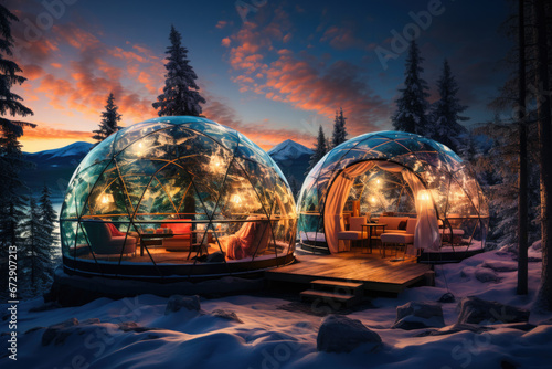 Winter holiday in a luxury modern glass igloo hotel with beautiful view on mountains, forest and night sky #672907213