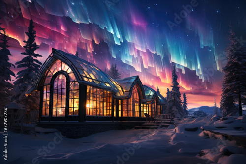 Winter holiday in a luxury modern glass igloo hotel with beautiful view on mountains, forest and northern lights