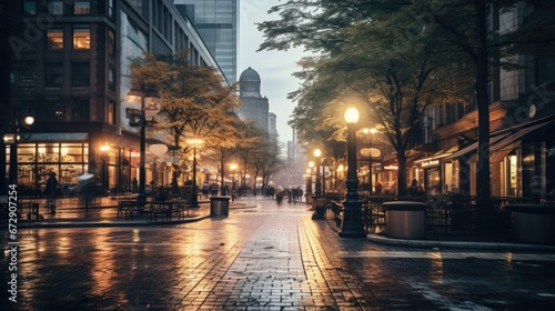 Vibrant cityscape at dusk with bustling streets and neon lights illuminating the overexposed  grainy scene. Colorful reflections on wet pavement create an energetic  dynamic urban environment