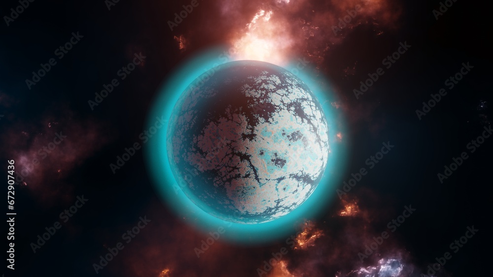 Futuristic fantasy landscape, sci-fi landscape with planet, neon light, cold planet with ice. 3d illustration.
