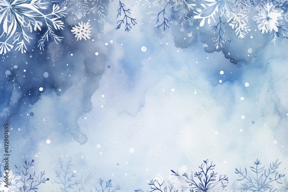 Watercolor-Painted Background: Winter Scene with Snowflakes and Blue Christmas Ornaments