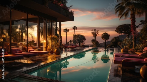 Dusk Serenity: Tranquil Evening at a Luxury Tourist Resort With Palm Trees and Swimming Pool in a Rich House © branislavp