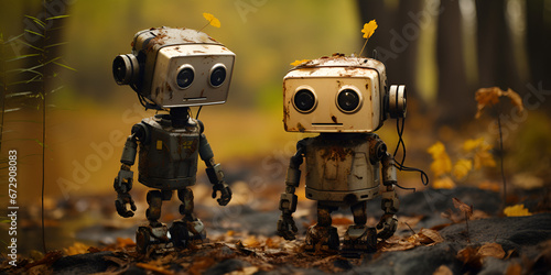 two Industrial Robot playing In The Woods, vintage robot in the forest. 3d illustration, Robot, Vintage, Woods, Forest,