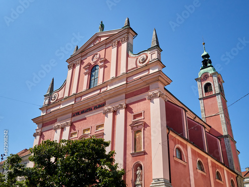 Franciscan Church of the Annunciation in a sunny day. Preseren square, centre of Ljubljana. Slovenia, Europe photo