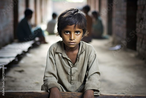 Poor, hungry neglected, dirty boy in street. Poverty, misery, migrants, homeless kids, war photo