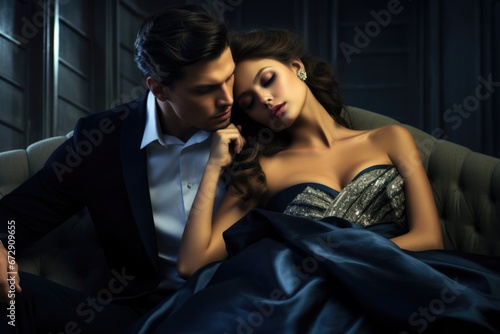 Beautiful couple in love in an elegant evening dress, dress below the waist close-up
