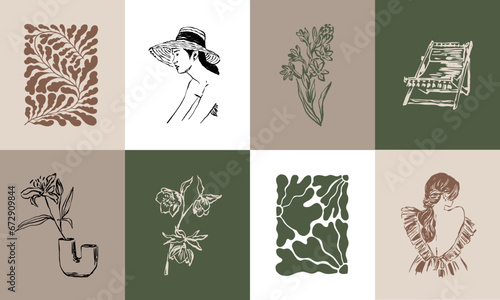 Abstract boho style botanical vector art print posters for wall art gallery