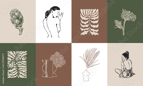 Abstract boho style botanical vector art print posters for wall art gallery