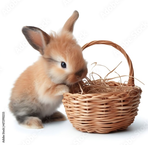 Small bunny eating straw grass in a small wicker basket, isolated on white background