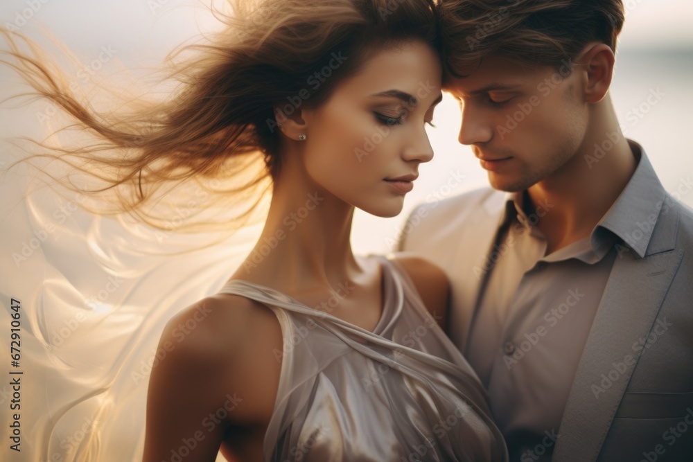 Beautiful couple in love in an elegant evening dress, a light transparent dress flowing in the wind Beautiful couple in love in an elegant evening dress, a light transparent dress flowing in the wind