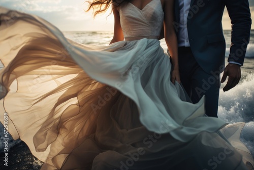 Beautiful couple in love in an elegant evening dress, a light transparent dress flowing in the wind © koplesya