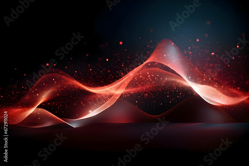 Digital red particles wave and dots and light abstract background. High-resolution