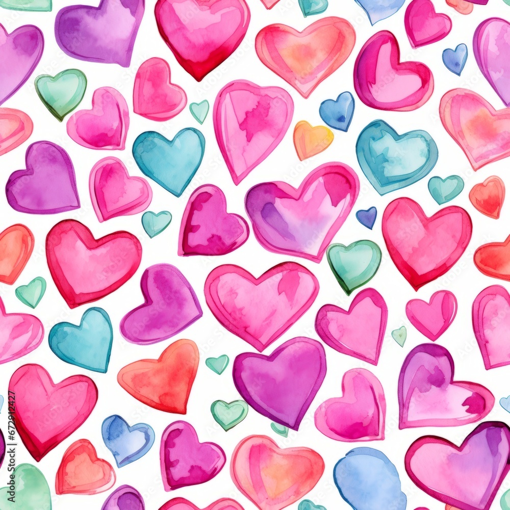 Watercolor seamless pattern with pink hearts, cute love texture on white background