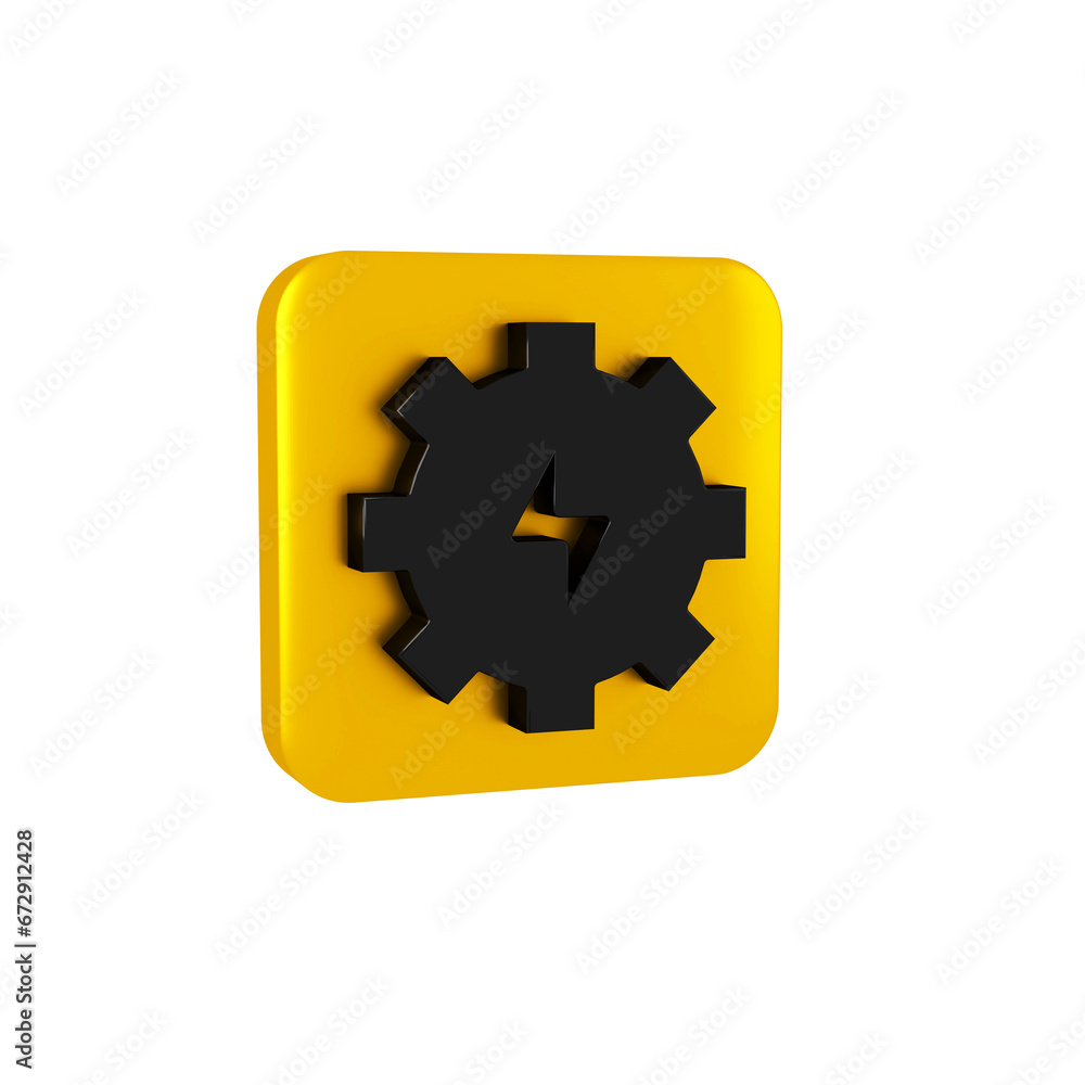 Obraz premium Black Gear and lightning icon isolated on transparent background. Electric power. Lightning bolt sign. Yellow square button.