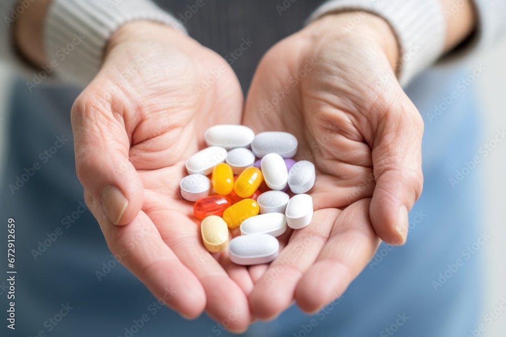Healthcare, pills and hands of elderly person with capsules, medication and treatment in palm Healthcare, pills and hands of elderly person with capsules, medication and treatment in palm