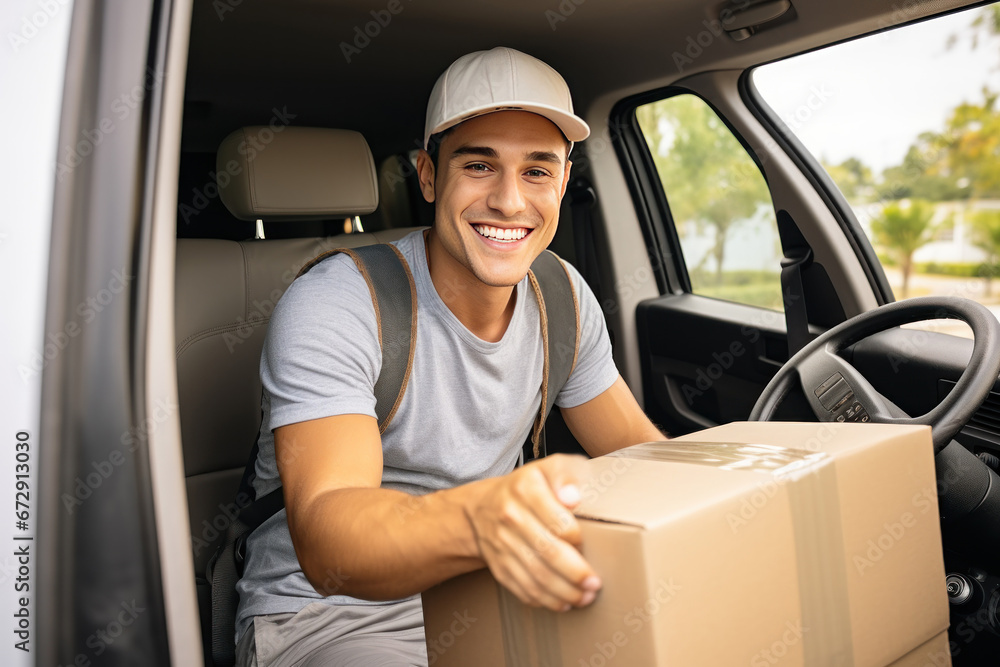 Shot of young man delivering a package while sitting in a vehicle Shot of young man delivering a package while sitting in a vehicle