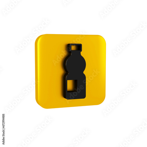 Black Bottle of water icon isolated on transparent background. Soda aqua drink sign. Yellow square button.