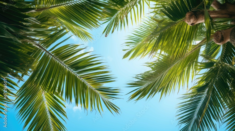 Tropical beach with blue sky and palm trees, view from below