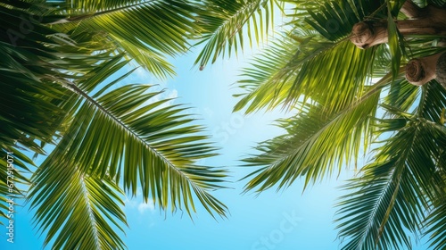 Tropical beach with blue sky and palm trees, view from below © Classy designs