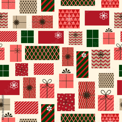 Trendy seamless pattern of presents and gift boxes. Flat style, simple shapes and vintage colours. Christmas New Year design. Birthday wrapping paper