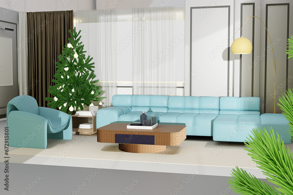 Naklejka premium Grey and blue room with Christmas tree and sofa in a light interior, 3d render