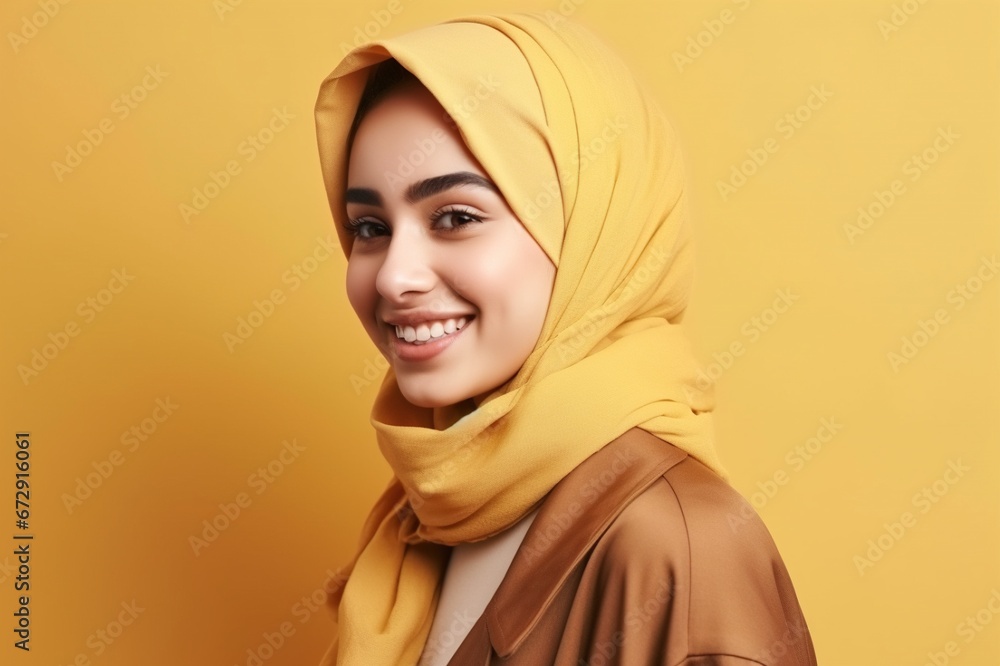Smiling happy arab asian muslim woman in yellow hijab clothes isolated on yellow background studio portrait. Uae people middle east islam religious concept. generative AI Smiling happy arab asian muslim woman in yellow hijab clothes isolated on yellow background studio portrait. Uae people middle east islam religious concept. generative AI