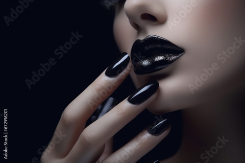 Beauty fashion model with black makeup. Fashionable black manicure with caviar. Manicure. Dark lipstick and nail polish. Isolated on black background. generative AI photo
