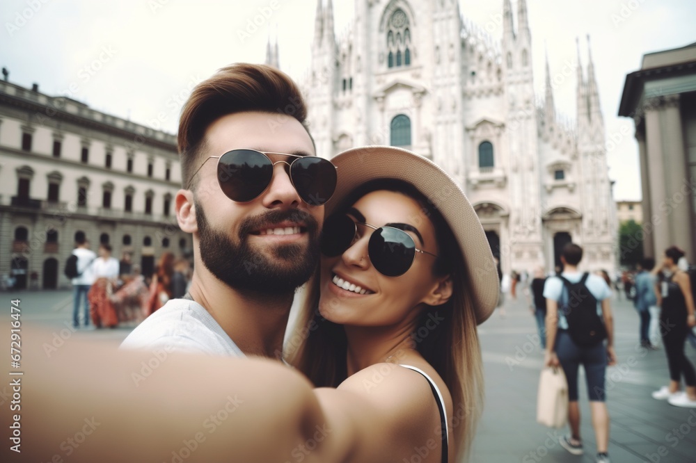 Happy couple taking selfie photo in Barcelona.generative AI