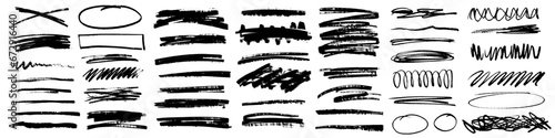 Grunge scrawls, charcoal scribbles, rough brush strokes, underlines and circles. Bold charcoal freehand stripes and ink shapes. Crayon or marker scribbles. Vector illustration photo