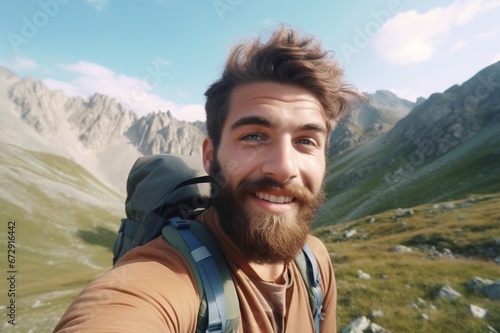 Selfie of a guy on a hike with a backpack along a mountain road, a man smiles at the camera, his photo is on the phone, delight, joy. High quality photo. Generative AI