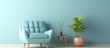The visualization of a living space s arrangement particularly focusing on the inside design of a room displaying a combination of blue hued walls and a sky blue armchair created using a thr