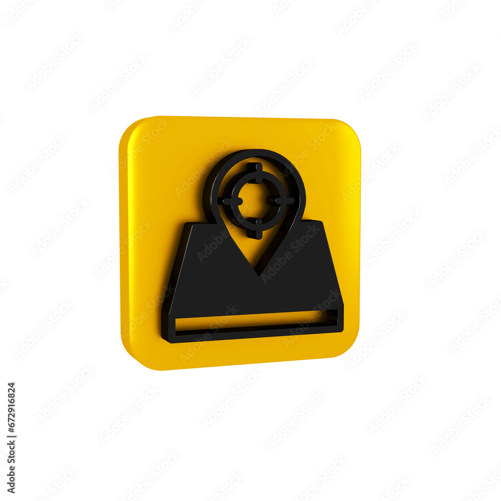 Black Hunt place icon isolated on transparent background. Navigation, pointer, location, map, direction, place. Yellow square button Black Hunt place icon isolated on transparent background. Navigation, pointer, location, map, direction, place. Yellow square button