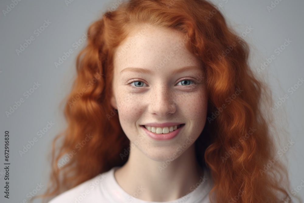 portrait of a young red-haired girl on a white background.beautiful young girl with red hair. generative AI portrait of a young red-haired girl on a white background.beautiful young girl with red hair. generative AI