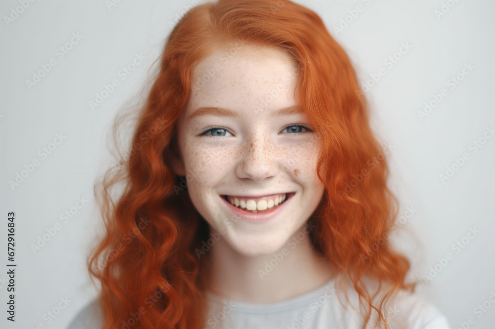 portrait of a young red-haired girl on a white background.beautiful young girl with red hair. generative AI portrait of a young red-haired girl on a white background.beautiful young girl with red hair. generative AI