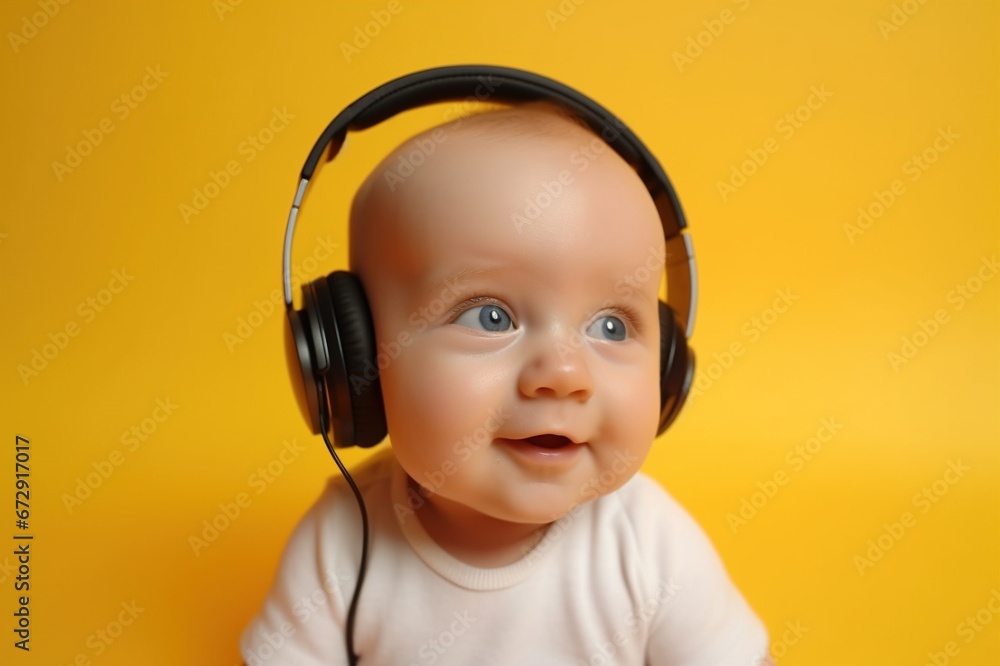cheerful surprised baby 6 months old wearing headphones to listen to music, music with a positive effect on the concept of cognitive development of the child. generative AI